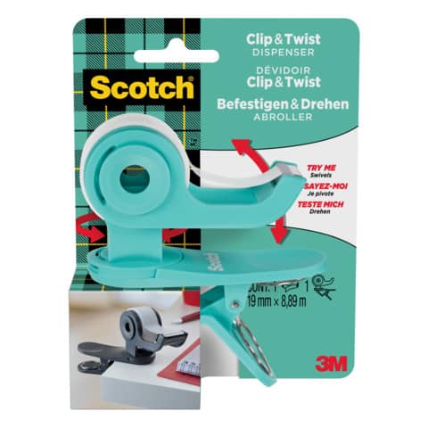 Tischabroller Clip & Twist Abroller, türkis, inkl. 1 Rolle Klebeband 19 mm x 8,89 m SCOTCH C19-CLIP-TL