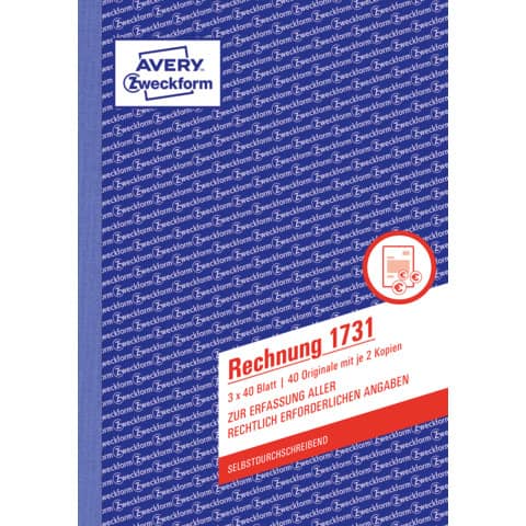 Rechnung, A5, selbstdurchschreibend, 3x40 Blatt AVERY ZWECKFORM 1731