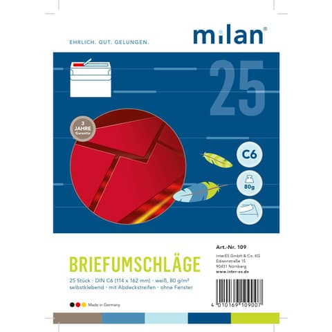 Briefumschlag, C6, 80g/m², haftklebend, 25 Stück, weiß MILAN MILAN 109