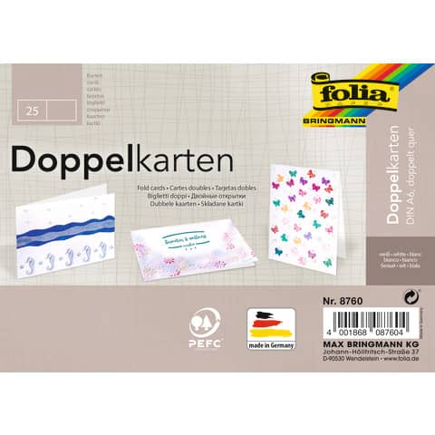 Briefkarte, A6 quer, 190g/m², 25 Stück, weiß FOLIA 8760