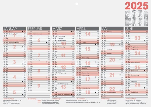 Tafelkalender, DIN A4 quer, 6 Monate/1 Seite, zweifarbiger Druck, Karton, mit Tageszählung und Ferienterminen