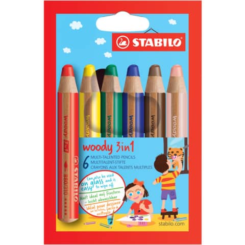 Multitalent-Stift woody 3 in 1, Kartonetui mit 6 Stiften und 1 Spitzer STABILO 8806-2