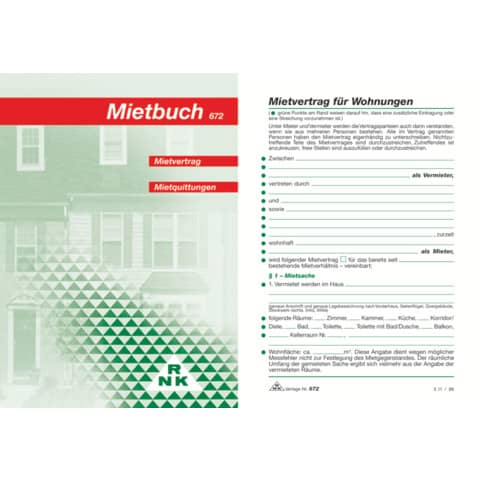 Mietvertragsheft, Mietbuch mit Hausordnung + Mietquittungen, 120 x 170mm, 32 Blatt RNK 672