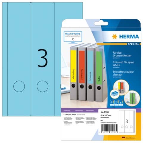 Ordnerrückenschild permanent, 61 x 297 mm, breit/lang, 60 Stück, blau HERMA 5138