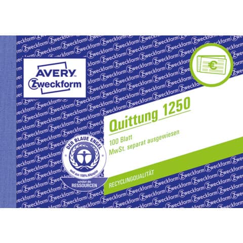 Quittung MwSt. separat ausgewiesen, A6 quer, Recycling-Papier, 100 Blatt AVERY ZWECKFORM 1250