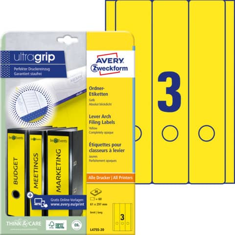 Ordner-Etiketten mit ultragrip, 61x297mm, 60 Stück, gelb AVERY ZWECKFORM L4755-20