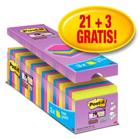 Haftnotizblock Super Sticky, 76x76mm, 24x90 Blatt, sortiert POST-IT 654SE24P