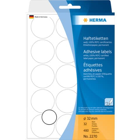 Etiketten permanent, Ø32mm, 480 Stück, weiß HERMA 2270