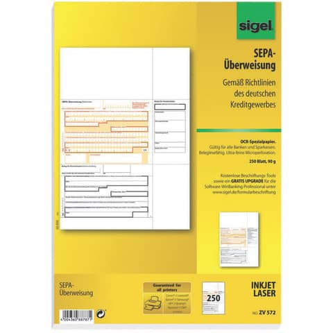 PC-Formular Sepa -Überweisung, A4, 90g/m², 250 Blatt SIGEL ZV572