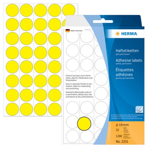 Etiketten permanent, Ø19mm, 1280 Stück, gelb HERMA 2251