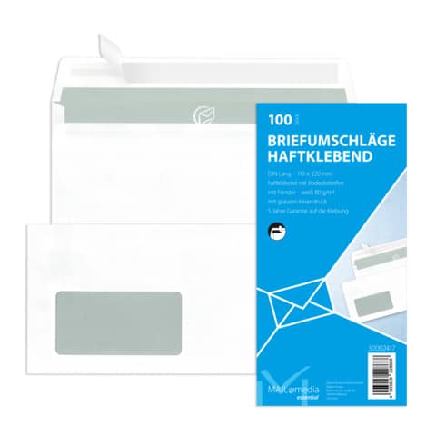 Briefumschlag mit Fenster, DIN lang, 80g/m², haftklebend, 100 Stück, weiß MAILMEDIA 30002417