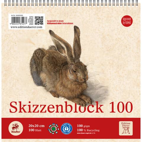 Skizzenblock Quart, 20 x 20cm, 100g/m², 100 Blatt, weiß EDITION DÜRER 040902000