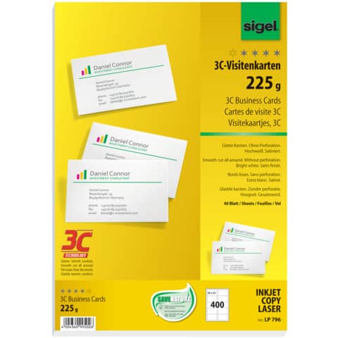 Visitenkarten 3C, A4, 225g/m², 400 Stück, blanko, weiß SIGEL LP796