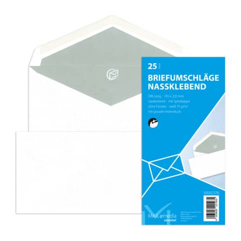 Briefumschlag ohne Fenster, DIN lang, 75g/m², nassklebend, weiß MAILMEDIA 30002376