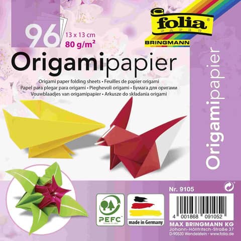 Faltblatt Origamipapier, 13 x 13cm, 80g/m², 12 Stück, sortiert FOLIA 9105