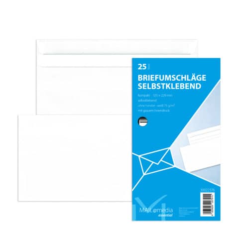 Briefumschlag Kompakt, 229 x 125 mm, 75g/m², selbstklebend, 25 Stück, weiß MAILMEDIA 30022376