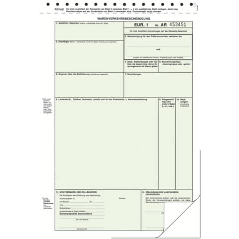 Warenverkehrsbescheinigung EURO 1 - SD, A4, 2-fach RNK 2271