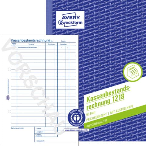 Kassenbestandsrechnung Recycling, A4, 50 Originale AVERY ZWECKFORM 1218