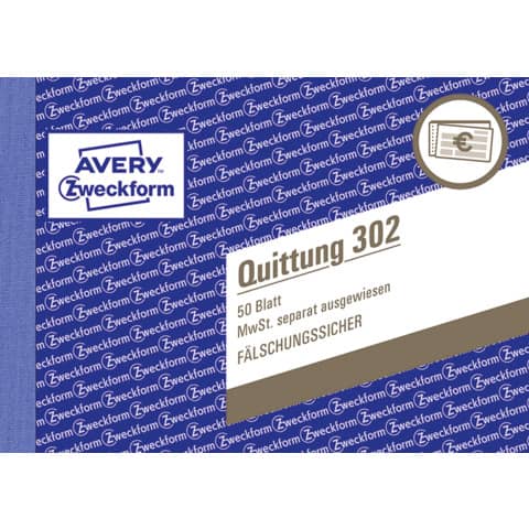 Quittung MwSt. separat ausgewiesen, A6 quer, 50 Blatt AVERY ZWECKFORM 302