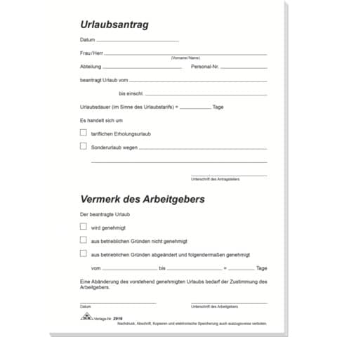 Urlaubsantrag - Block - SD, DIN A5, 2 x 40 Blatt RNK 2916