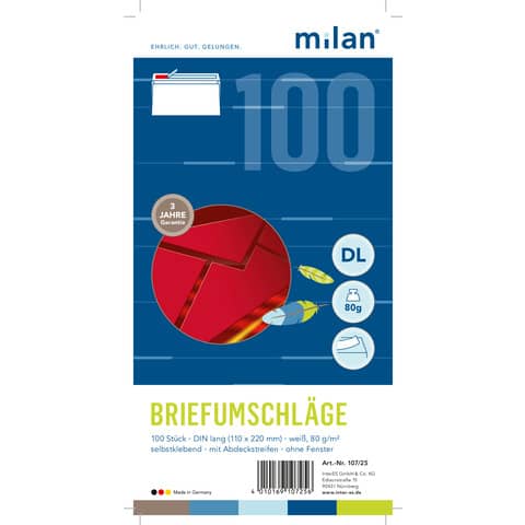 Briefumschlag, DIN lang, 80g/m², haftklebend, 100 Stück, weiß MILAN 107/25