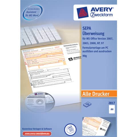 PC Formular SEPA-Überweisung, 100 Stück AVERY ZWECKFORM 2817