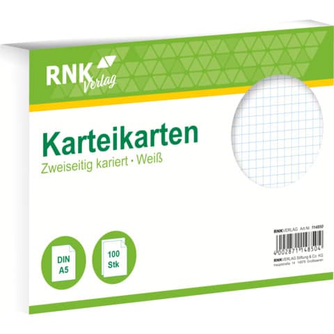 Karteikarte, A5, 170g/m², kariert, 100 Stück, weiß RNK 114850