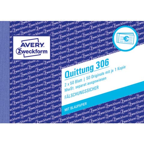 Quittung MwSt. separat ausgewiesen, A6 quer, Blaupapier, 2x50 Blatt AVERY ZWECKFORM 306