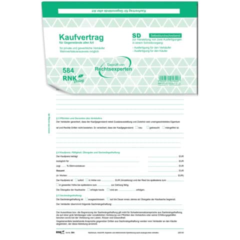 Kaufvertrag für Gegenstände aller Art, 1 x 2 Blatt, DIN A4, SD - 10 Stück RNK 584/10