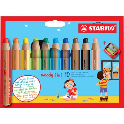 Multitalent-Stift woody 3 in 1, Kartonetui mit 10 Stiften und 1 Spitzer STABILO 880/10-2