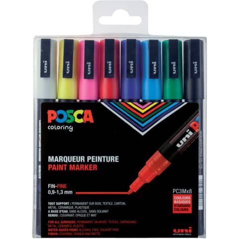 Pigmentmarker Uni Posca PC-3M, 0,9-1,3, 8 Stück, sortiert UNI-BALL 186508