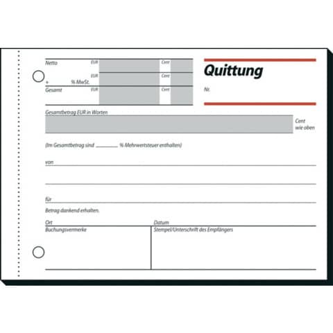 Quittung mit MwSt.-Nachweis, A6, 50 Blatt SIGEL QU615