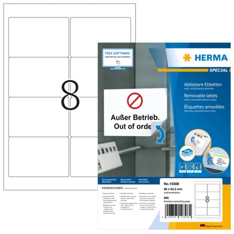 Etiketten ablösbar, 96x63,5mm, 800 Stück, weiß HERMA 10308