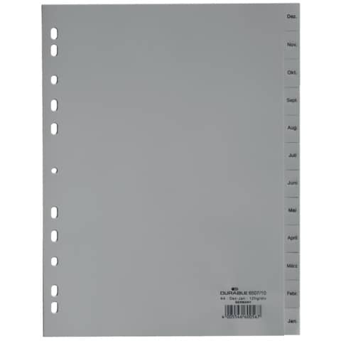Ordnerregister, PP, Dez.-Jan., grau, DIN A4 volldeckend, 230 x 297 mm, 12 Blatt DURABLE 6507 10