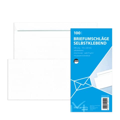 Briefumschlag ohne Fenster, DIN lang, 75g/m², selbstklebend, 100 Stück, weiß MAILMEDIA 30002388