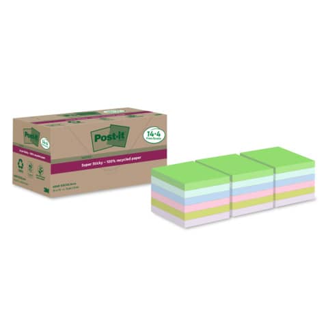 Haftnotizblock Super Sticky Recycling Notes, 76x76mm, 18x70 Blatt, sortiert POST-IT 654 RSSCOL14+4F