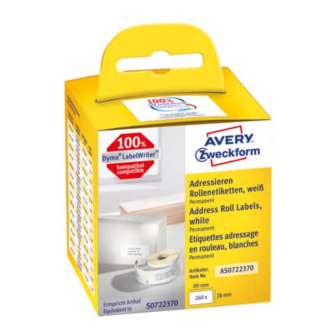 Rollen-Etiketten, 28x89mm, 260 Stück, weiß AVERY ZWECKFORM AS0722370