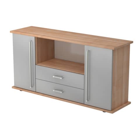 Sideboard, 166,1 x 44,8 x 84cm, 2 Flügeltüren/Schübe, nussbaum/silber HAMMERBACHER VSBTS/N/S/CE