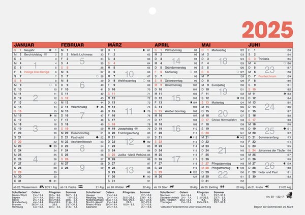 Tafelkalender, DIN A5 quer, 6 Monate/1 Seite, mit Lochbohrung zum Aufhängen, Karton, mit Tageszählung und Ferienterminen, schwarz/rot