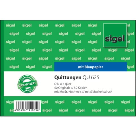 Quittung mit MwSt-Nachweis, A6, 2x50 Blatt SIGEL QU625