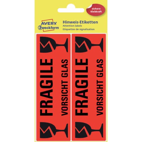 Warn-Etiketten Aufdruck ""Fragile - Vorsicht Glas"", 119x38mm, 10 Stück, leuchtrot AVERY ZWECKFORM 3050