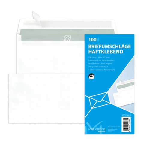 Briefumschlag ohne Fenster, DIN lang, 80g/m², haftklebend, 100 Stück, weiß MAILMEDIA 30002416