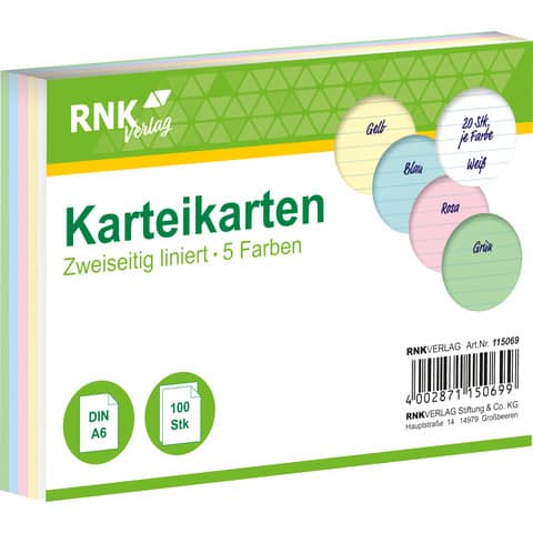 Karteikarte, A6, 170g/m², liniert, 100 Stück, sortiert RNK 115069