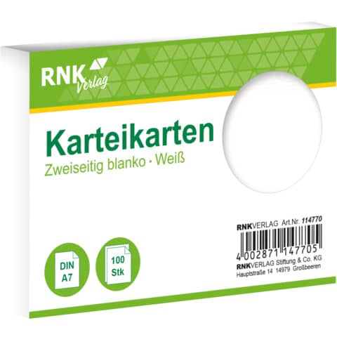 Karteikarte, A7, 170g/m², blanko, 100 Stück, weiß RNK 114770