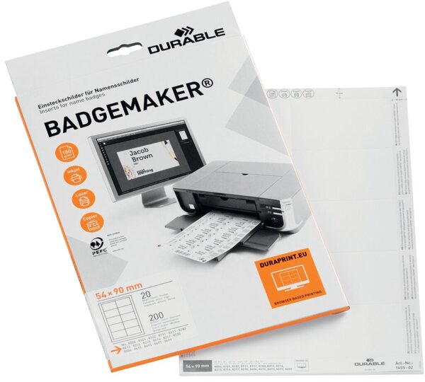 Einsteckschilder BADGEMAKER für Namensschilder, 54 x 90 mm, 150g/qm, Inhalt 200 Schilder/20 Bogen, weiß