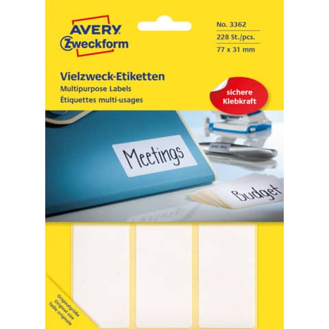 Vielzwecketiketten, 77x31mm, 224 Stück, weiß AVERY ZWECKFORM 3362