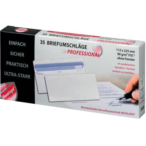 Briefumschlag ohne Fenster - Revelope®, DIN lang, 90g/m², 35 Stück, weiß PROFESSIONAL 30051783