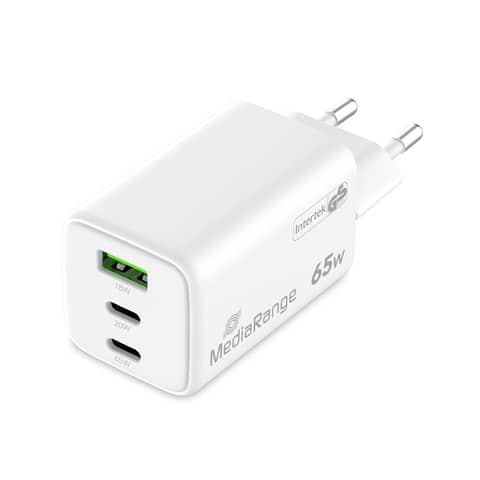 Ladegerät, USB-A/2x USB-C, GaN, 65W, weiß MEDIARANGE MRMA116-2