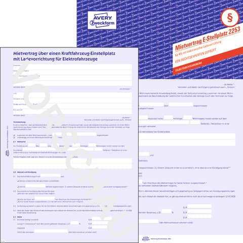 Mietvertrag für Kfz Einstellplatz mit elektronischer Ladevorrichtung, A4, selbstdurchschreibend, 8-fach Satz AVERY ZWECKFORM 2253