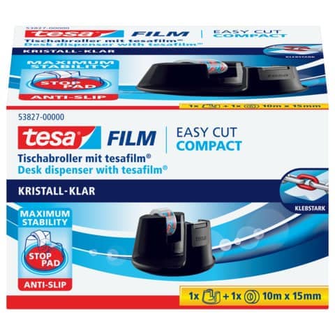 Tischabroller tesafilm® Compact schwarz, 10m x 15mm kristall klar TESA 53827-00000-02